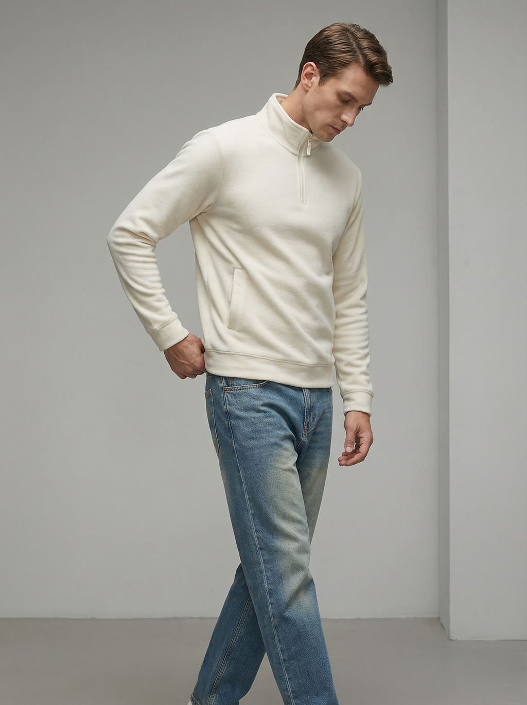 Felpa Uomo Nera Collo Alto in Pile con Mezza Zip