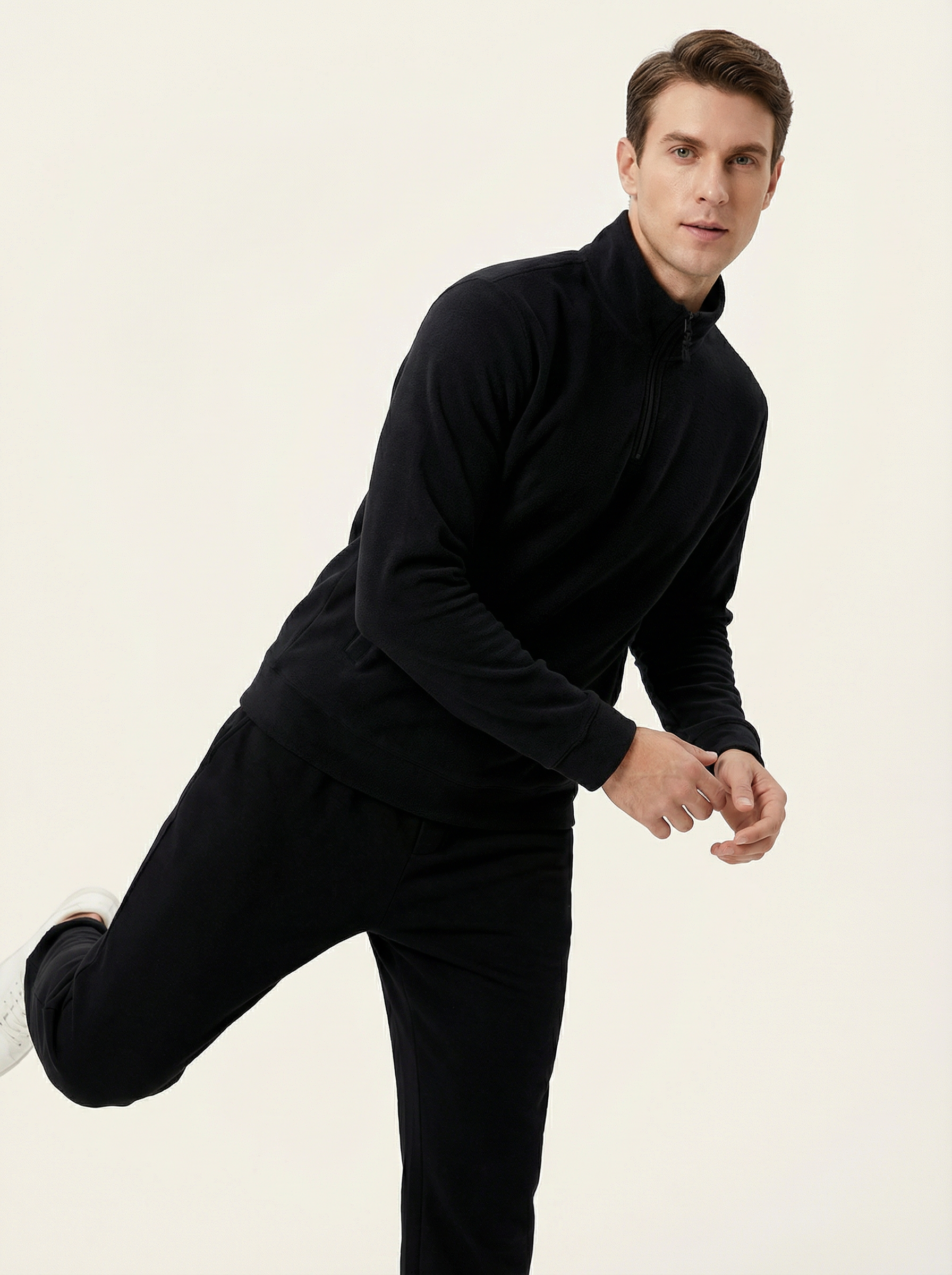 Felpa Uomo Nera Collo Alto in Pile con Mezza Zip