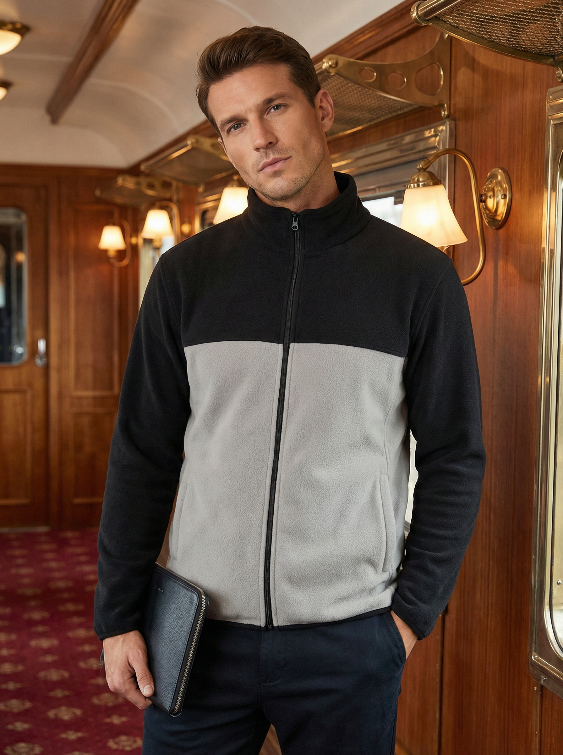 Giacca Uomo in Pile Bicolore con Collo Alto e Cerniera