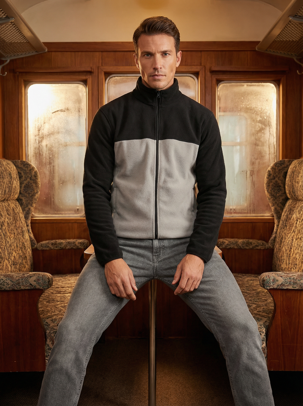 Giacca Uomo in Pile Bicolore con Collo Alto e Cerniera