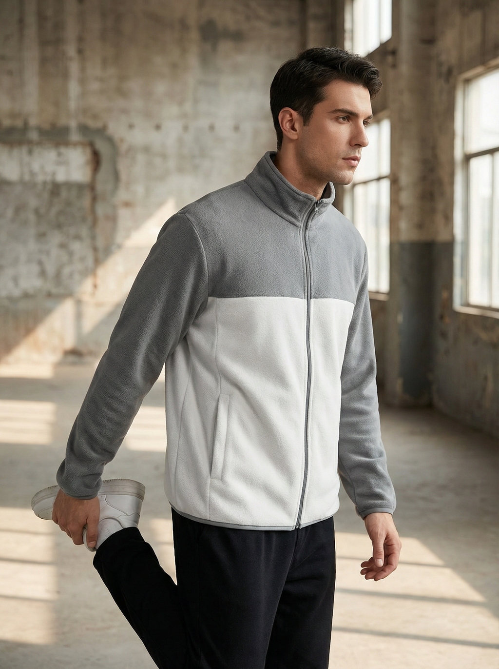 Giacca Uomo in Pile Bicolore con Collo Alto e Cerniera