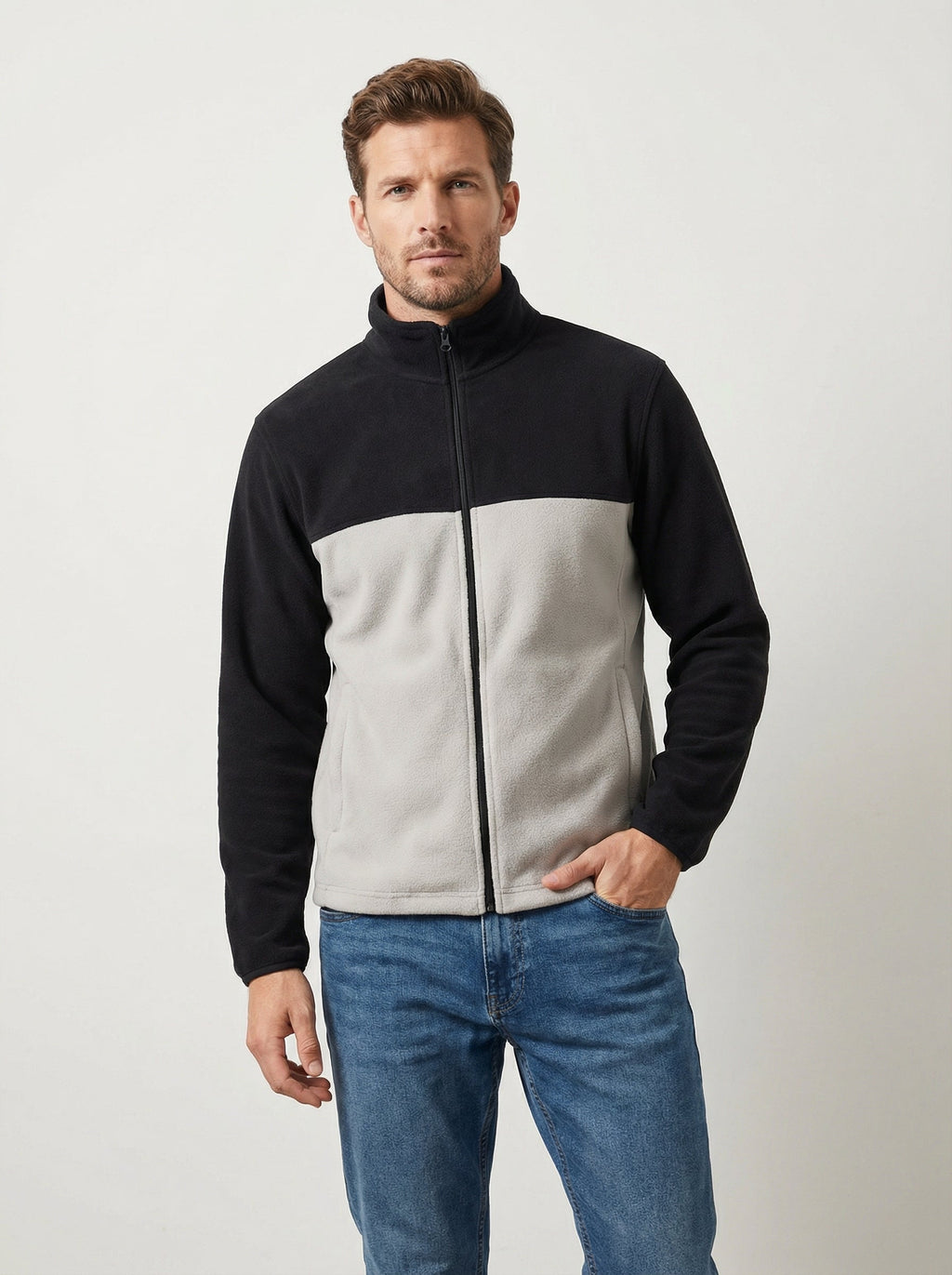 Giacca Uomo in Pile Bicolore con Collo Alto e Cerniera