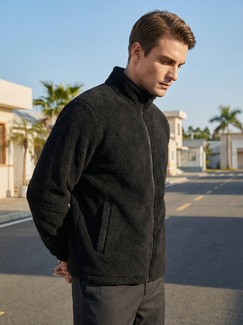 Felpa Uomo Full Zip in Pile Collo Alto Nera