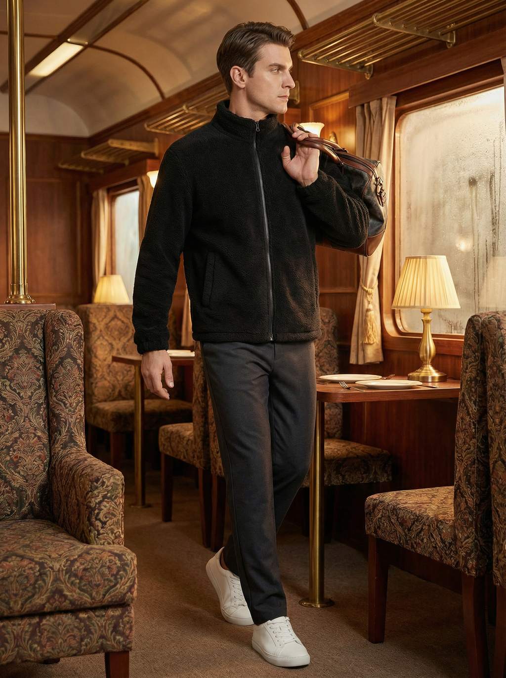 Felpa Uomo Full Zip in Pile Collo Alto Nera