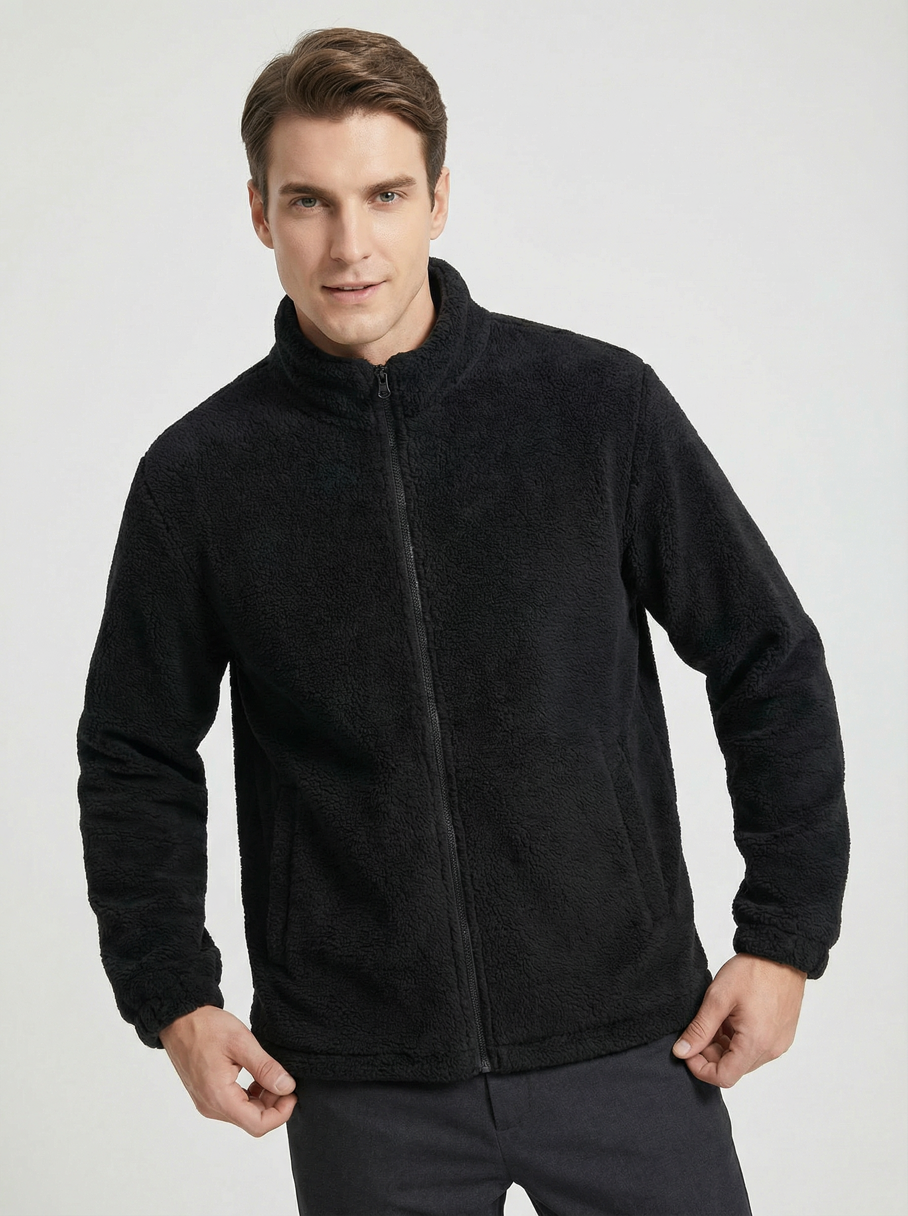 Felpa Uomo Full Zip in Pile Collo Alto Nera