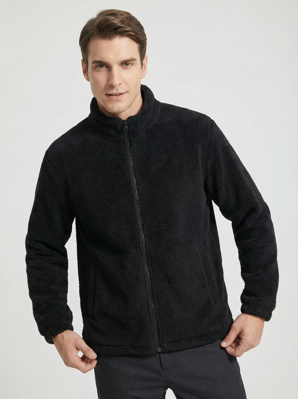 Felpa Uomo Full Zip in Pile Collo Alto Nera