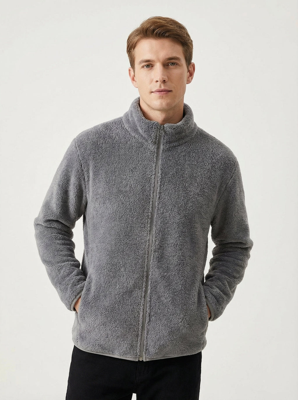 Felpa Uomo Full Zip in Pile Collo Alto Nera
