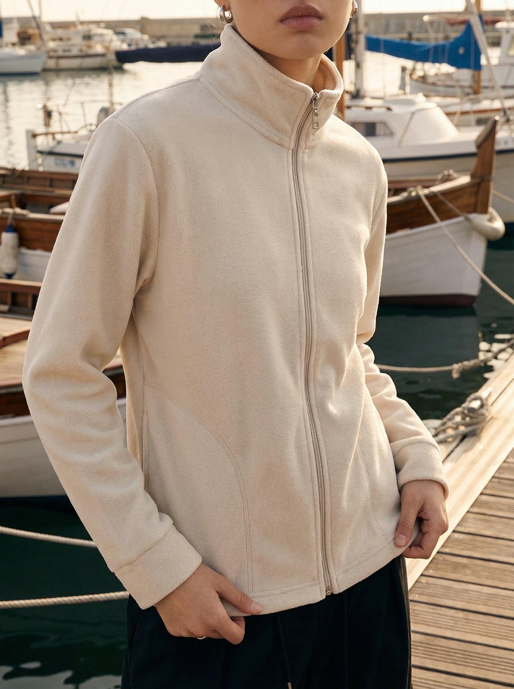 Felpa in Pile Calda con Zip e Collo Alto Donna