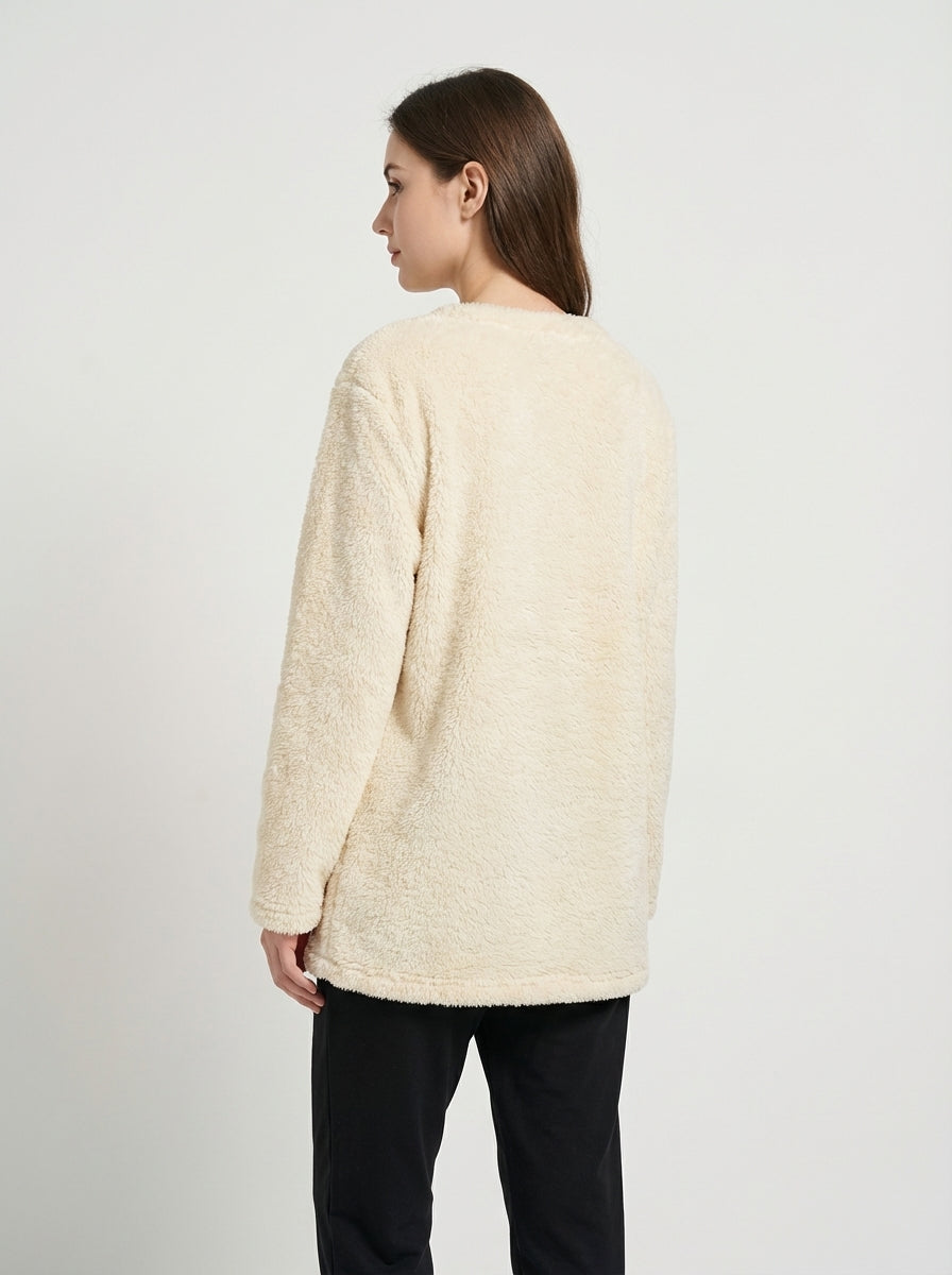 Felpa Oversize Calda e Morbida in Pile Corallo con Tasca