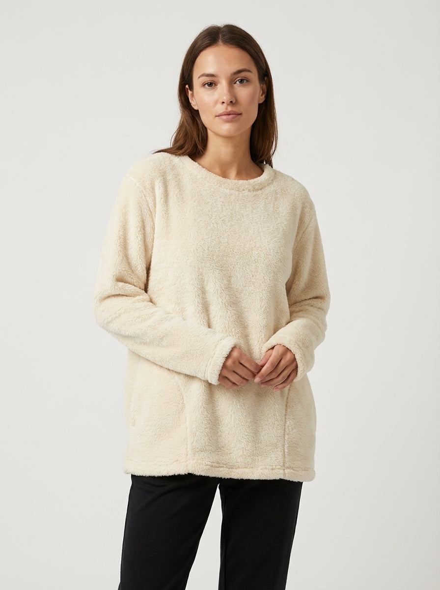 Felpa Oversize Calda e Morbida in Pile Corallo con Tasca