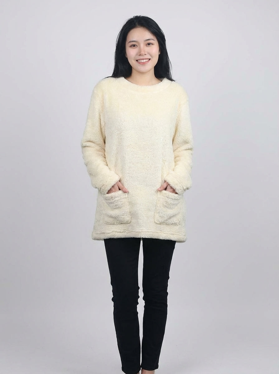 Felpa Oversize Calda e Morbida in Pile Corallo con Tasca