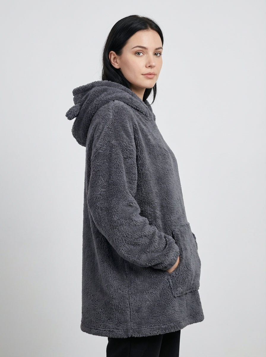 Felpa Oversize Teddy con Cappuccio e Orecchie in Pile Corallo
