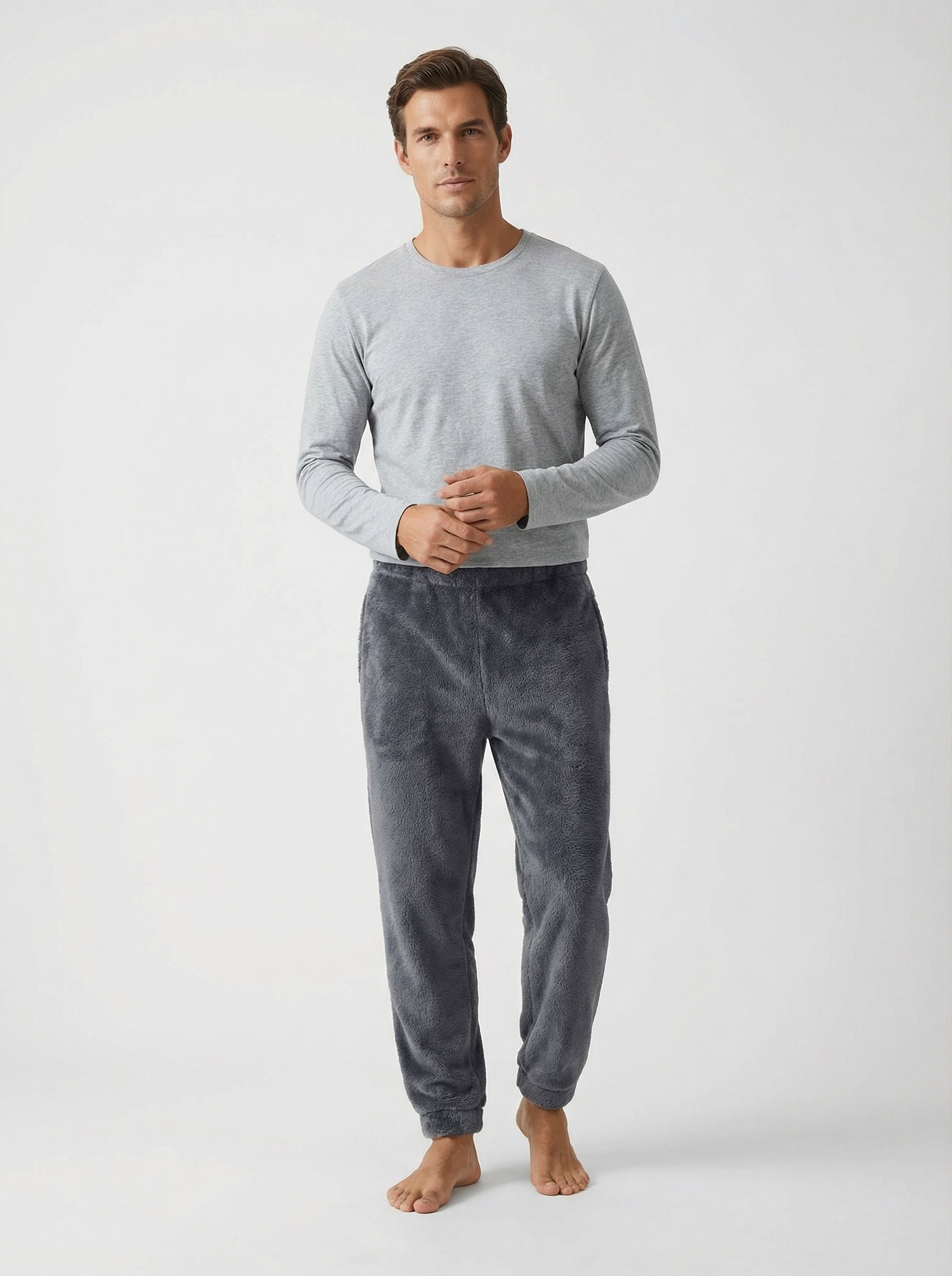 Pantaloni Uomo Homewear in Pile Corallo Morbido con Polsini