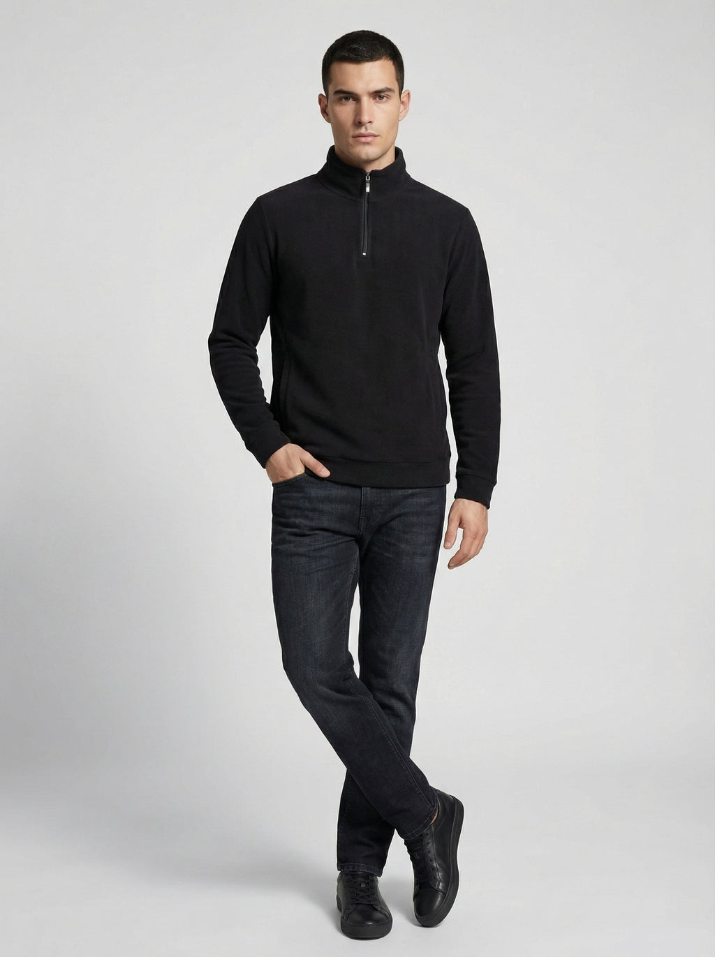 Felpa Uomo Nera Collo Alto in Pile con Mezza Zip