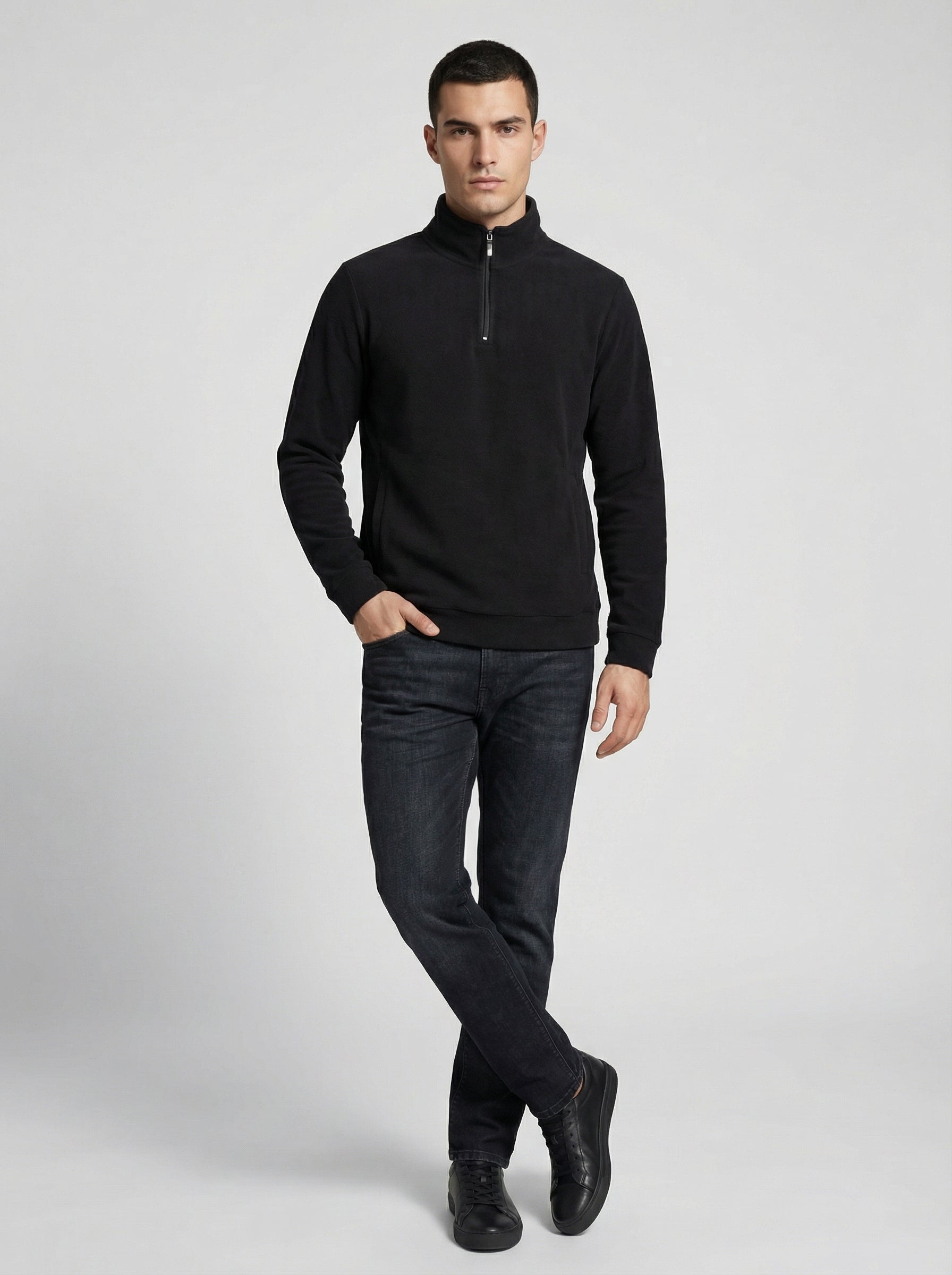 Felpa Uomo Nera Collo Alto in Pile con Mezza Zip