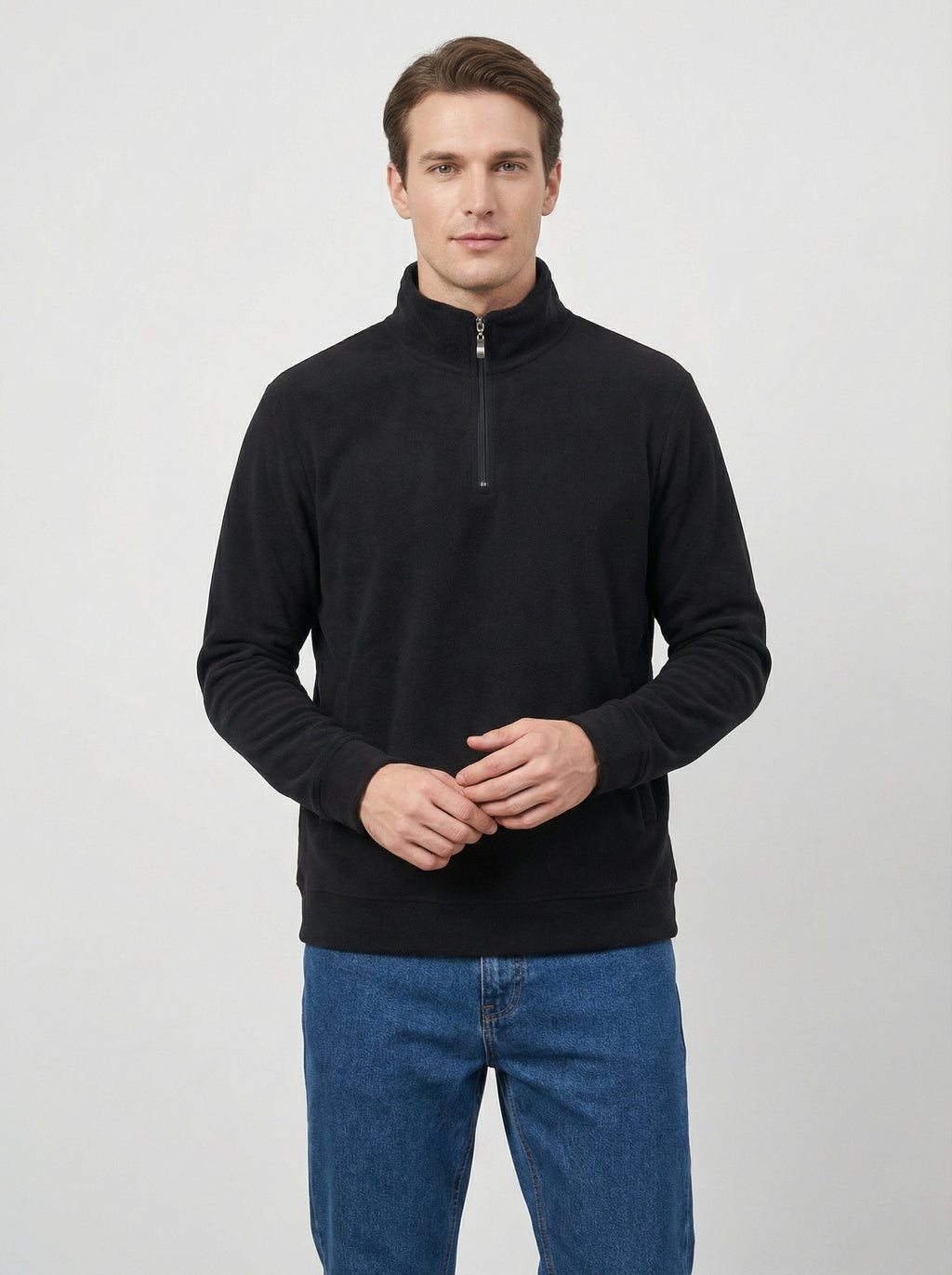 Felpa Uomo Nera Collo Alto in Pile con Mezza Zip